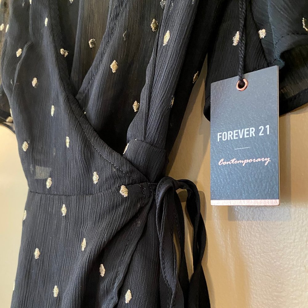 Black Midi Wrap Dress w/ Metallic Gold Embroidery